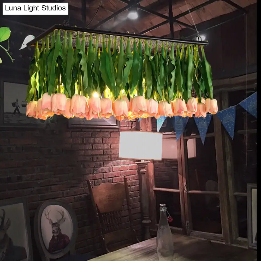 DecorBites™ Rustic Metal 4-Light Green Island Tulip Bouquet Suspension Lamp - Restaurant Light Fixture