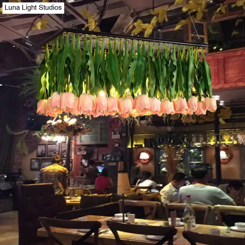 DecorBites™ Rustic Metal 4-Light Green Island Tulip Bouquet Suspension Lamp - Restaurant Light Fixture