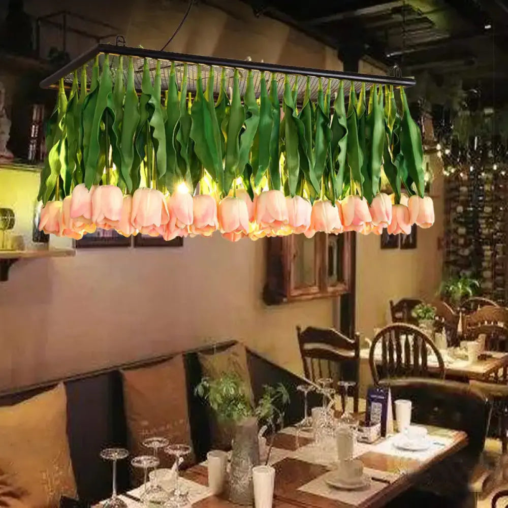 DecorBites™ Rustic Metal 4-Light Green Island Tulip Bouquet Suspension Lamp - Restaurant Light Fixture