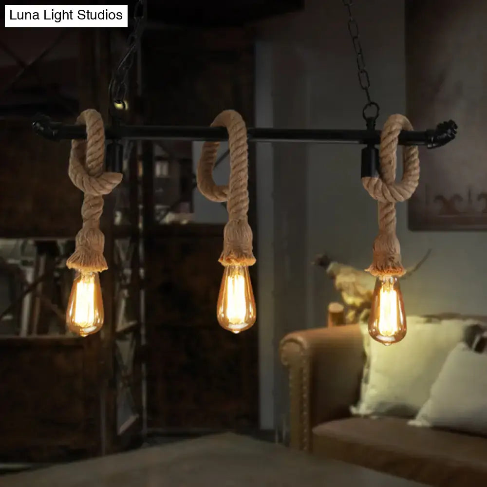 DecorBites™ Rustic Metallic Water Pipe Hanging Lamp with Hemp Rope - Black Restaurant Chandelier