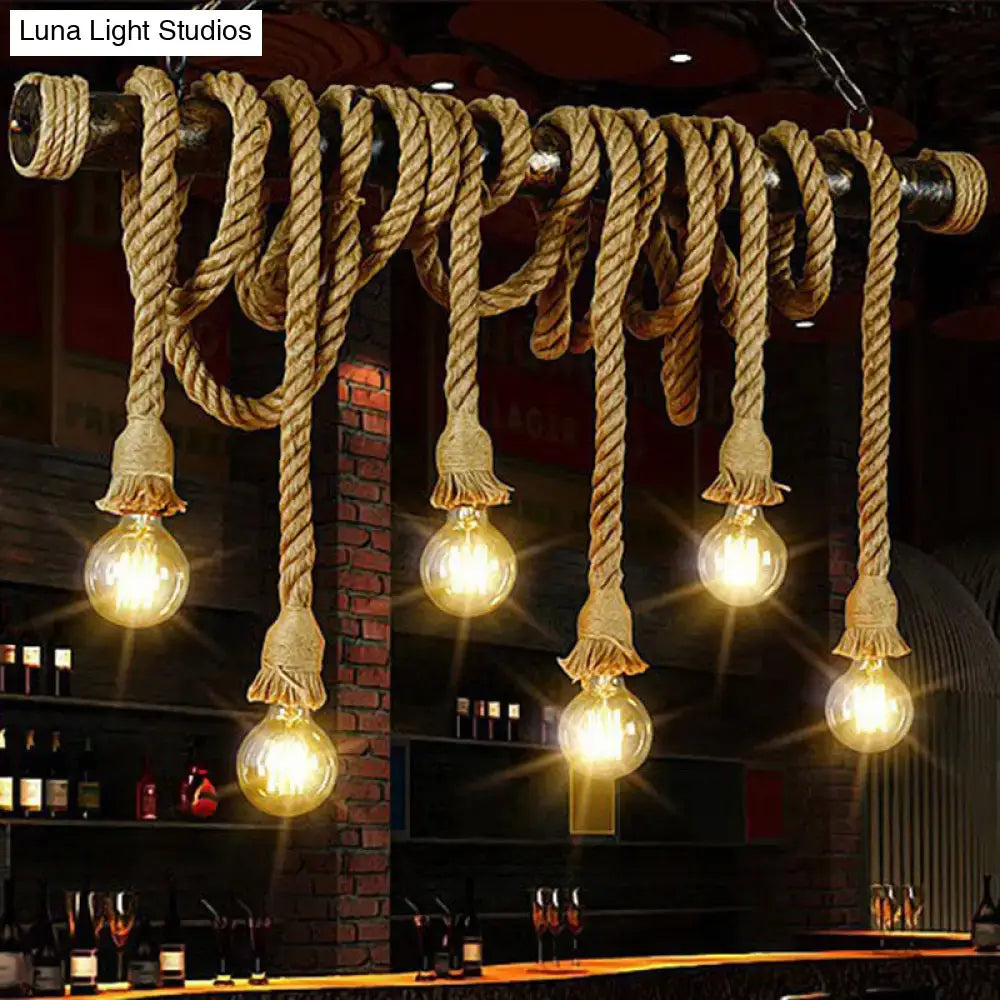 DecorBites™ Rustic Natural Rope Island Light with Industrial Bare-Bulb Suspension Design