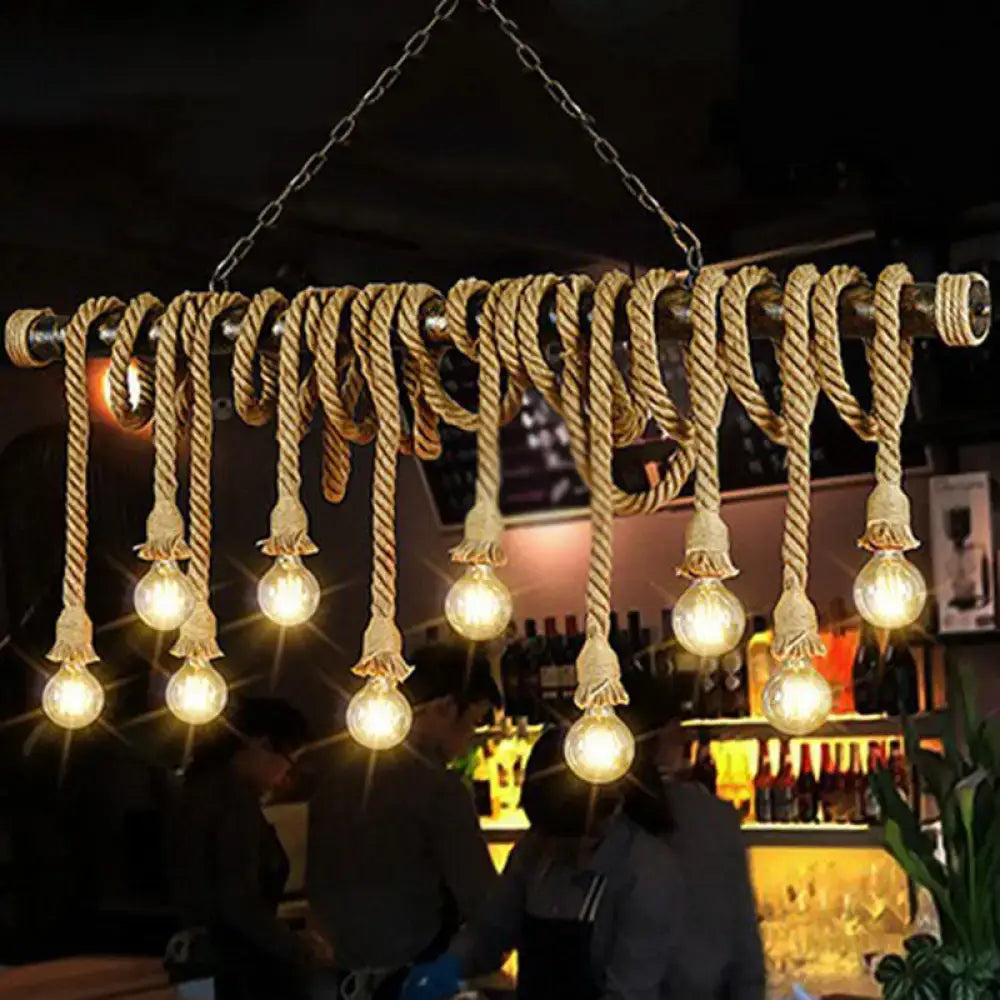 DecorBites™ Rustic Natural Rope Island Light with Industrial Bare-Bulb Suspension Design