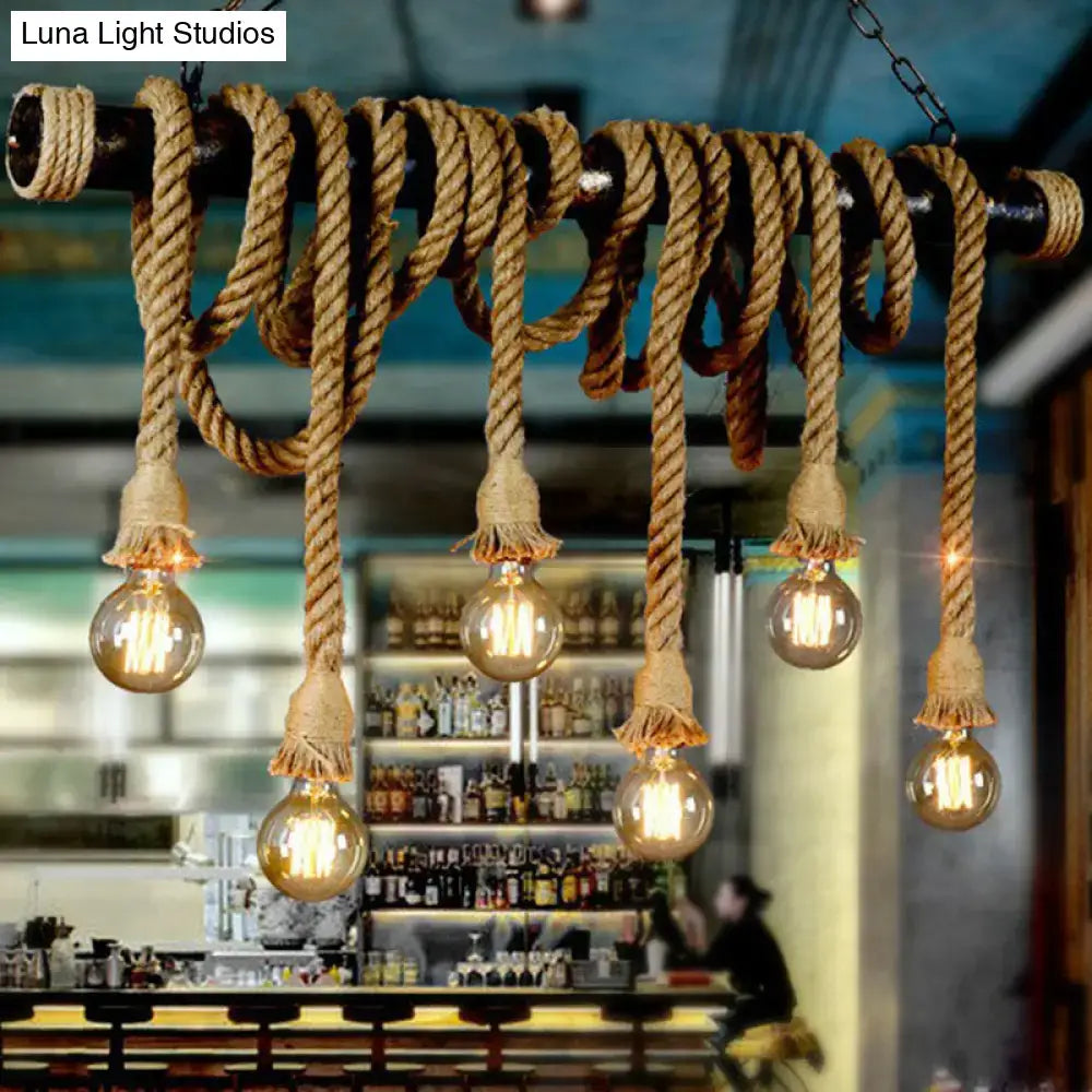 DecorBites™ Rustic Natural Rope Island Light with Industrial Bare-Bulb Suspension Design