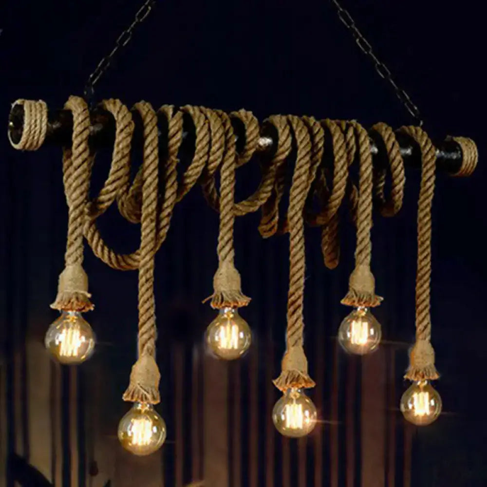 DecorBites™ Rustic Natural Rope Island Light with Industrial Bare-Bulb Suspension Design