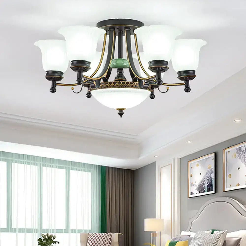 DecorBites™ Rustic Opal Glass Flower Ceiling Light Fixture with Semi Flush Mount - 9/11/13 Lights for Living Room