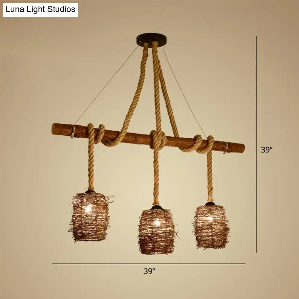 DecorBites™ Rustic Rattan Woven Island Pendant – 3-Bulb Dining Room Hanging Light Fixture in Wood