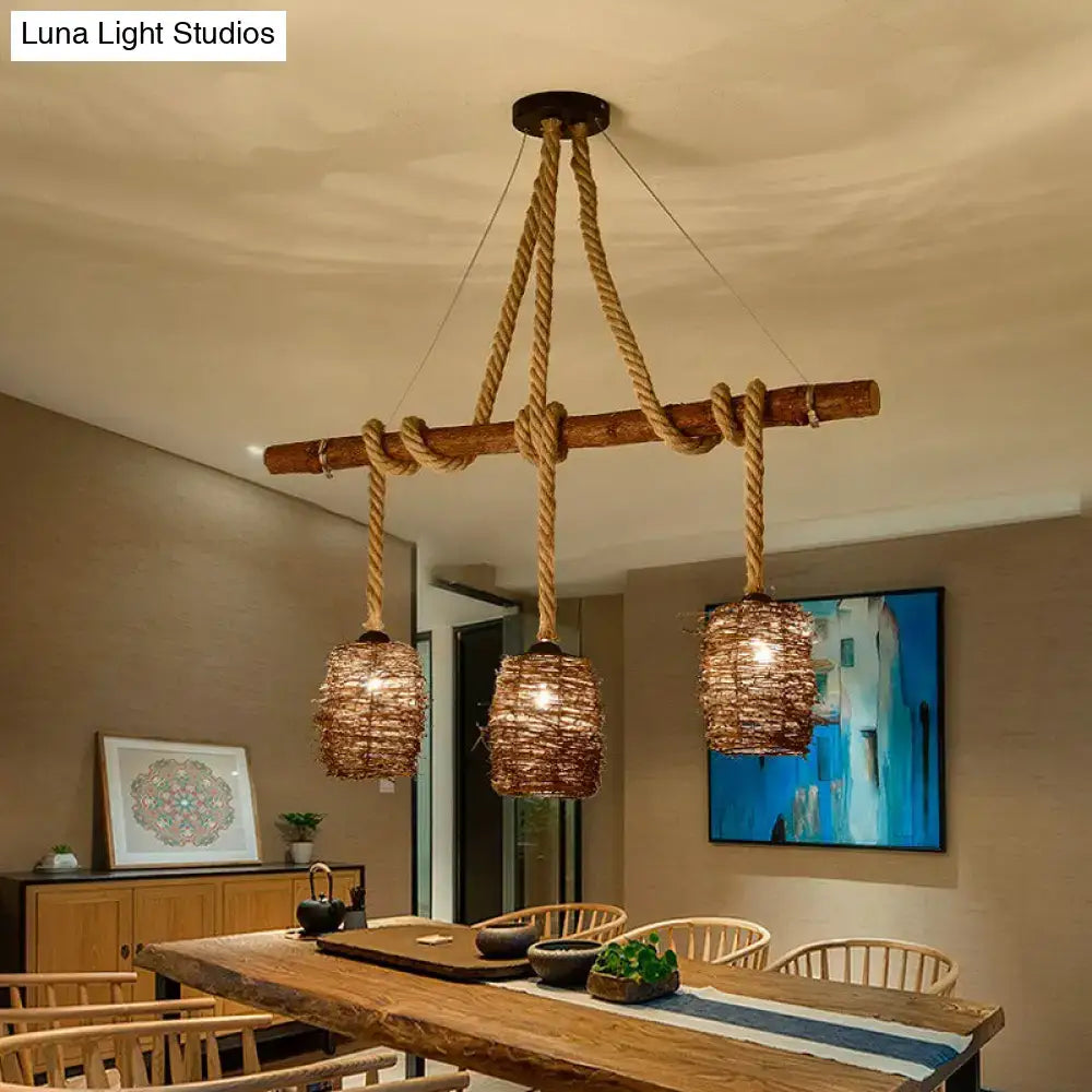 DecorBites™ Rustic Rattan Woven Island Pendant – 3-Bulb Dining Room Hanging Light Fixture in Wood