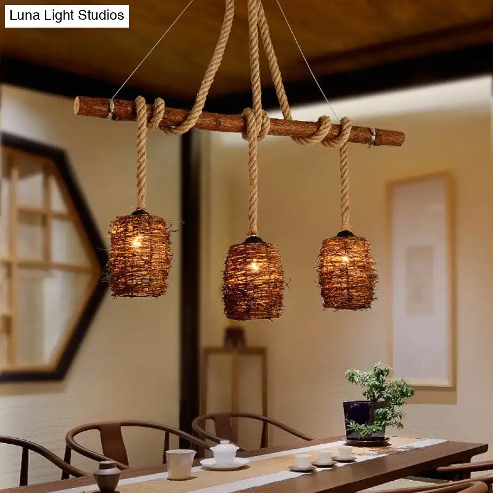 DecorBites™ Rustic Rattan Woven Island Pendant – 3-Bulb Dining Room Hanging Light Fixture in Wood