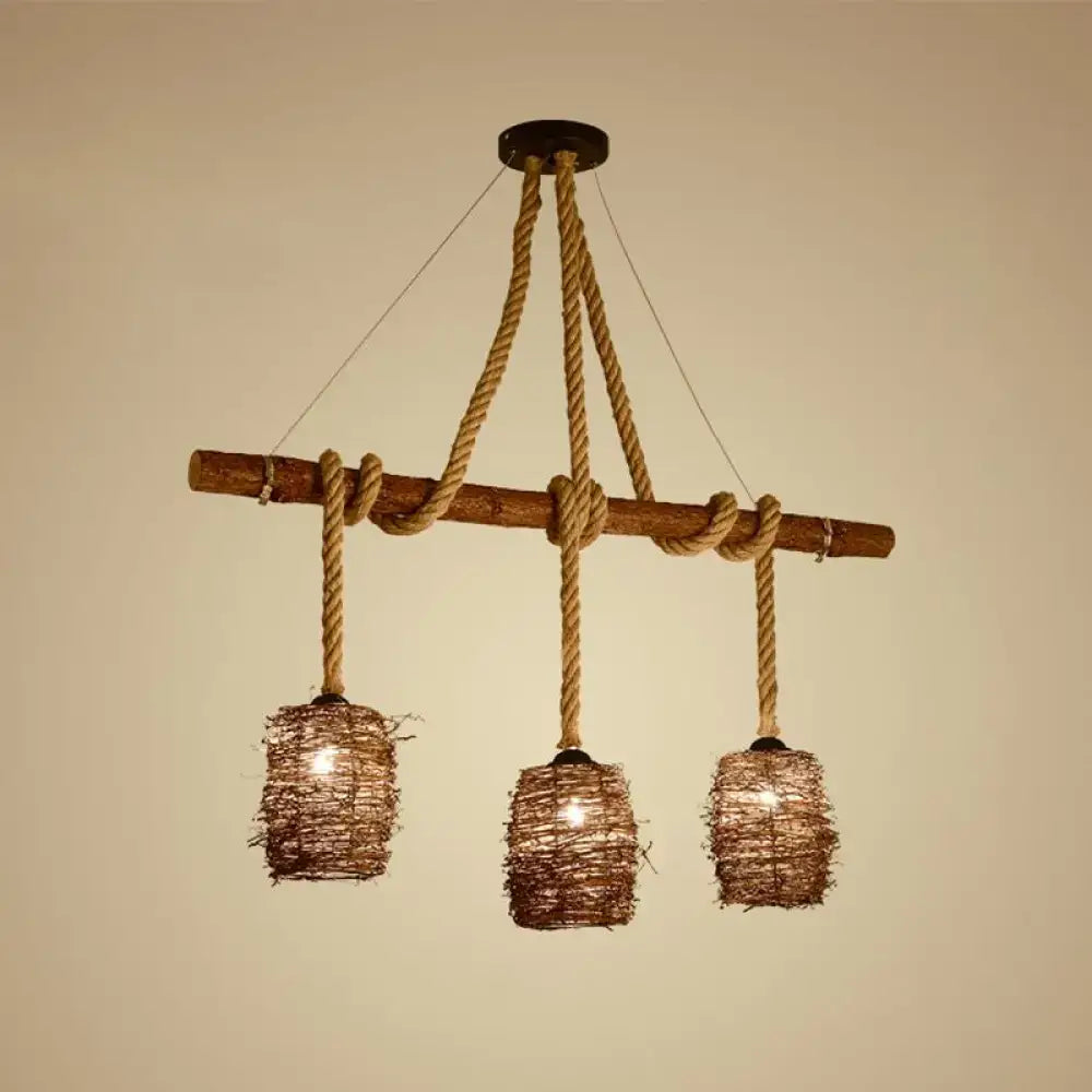 DecorBites™ Rustic Rattan Woven Island Pendant – 3-Bulb Dining Room Hanging Light Fixture in Wood