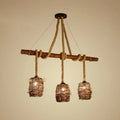 DecorBites rustic rattan woven island pendant light fixture with three brown rope shades for dining room hanging use