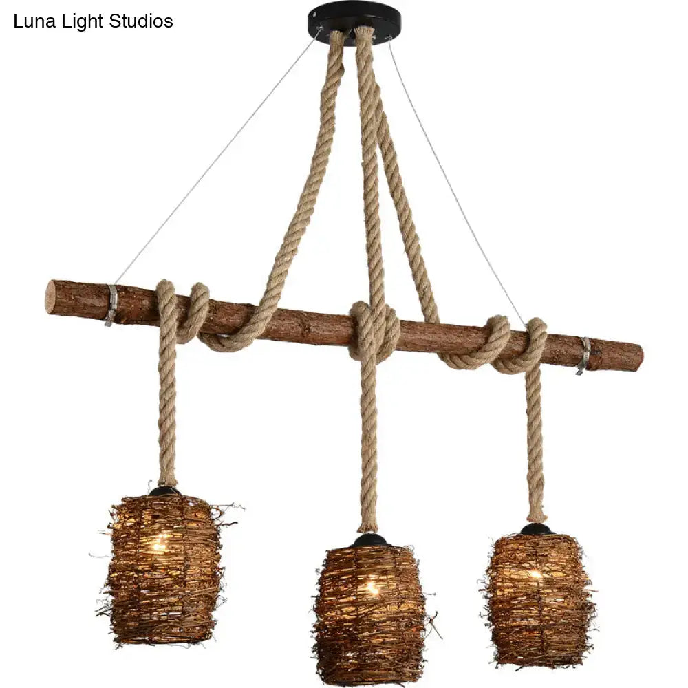 DecorBites™ Rustic Rattan Woven Island Pendant – 3-Bulb Dining Room Hanging Light Fixture in Wood