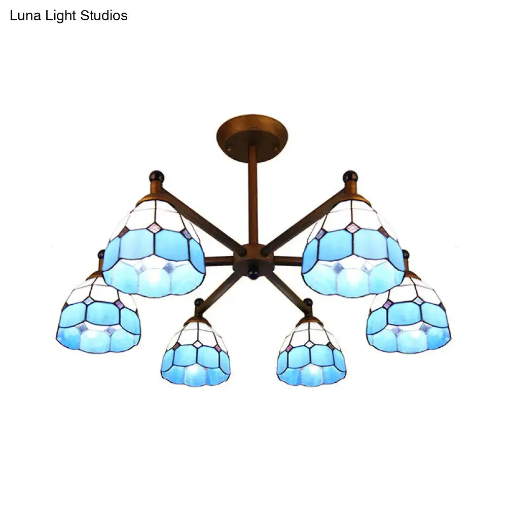DecorBites™ Rustic Style Stained Glass Domed Hanging Chandelier - 6-Light Yellow/Red/Blue Pendant Light for Dining Room
