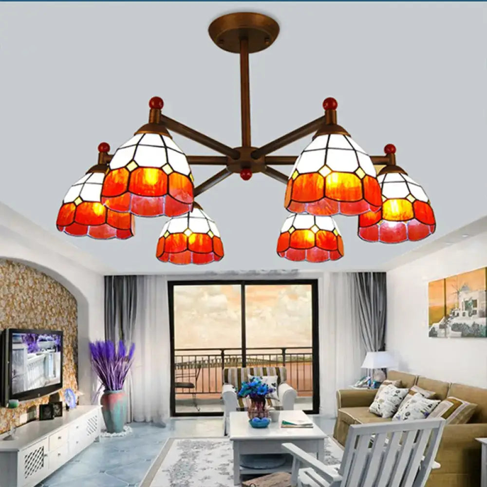 DecorBites™ Rustic Style Stained Glass Domed Hanging Chandelier - 6-Light Yellow/Red/Blue Pendant Light for Dining Room