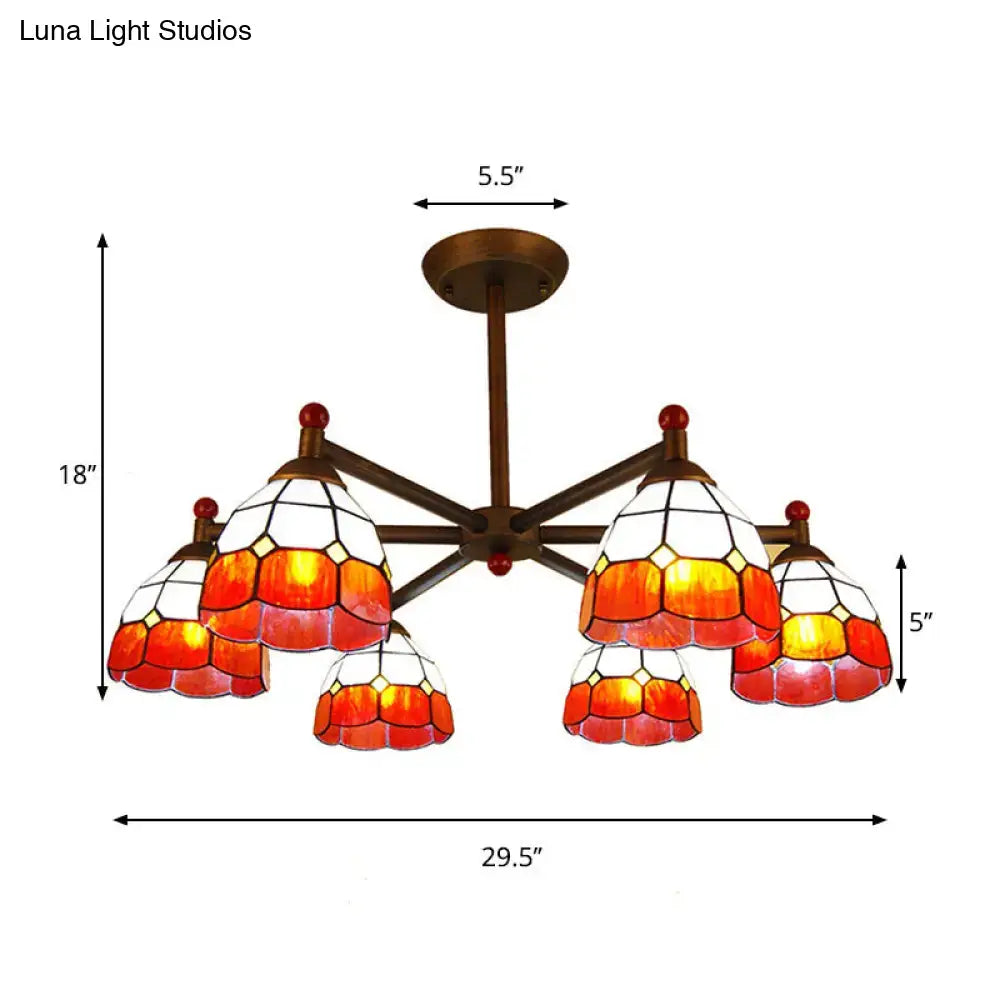 DecorBites™ Rustic Style Stained Glass Domed Hanging Chandelier - 6-Light Yellow/Red/Blue Pendant Light for Dining Room