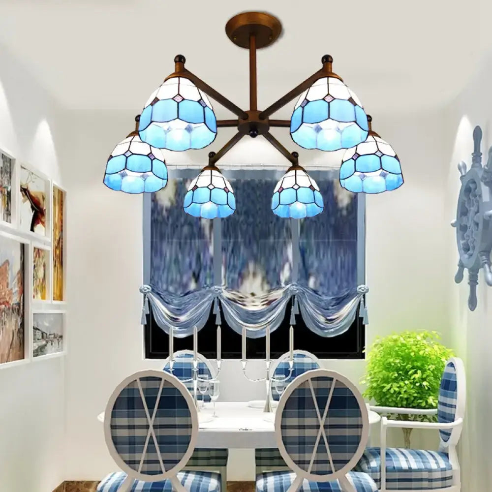 DecorBites™ Rustic Style Stained Glass Domed Hanging Chandelier - 6-Light Yellow/Red/Blue Pendant Light for Dining Room