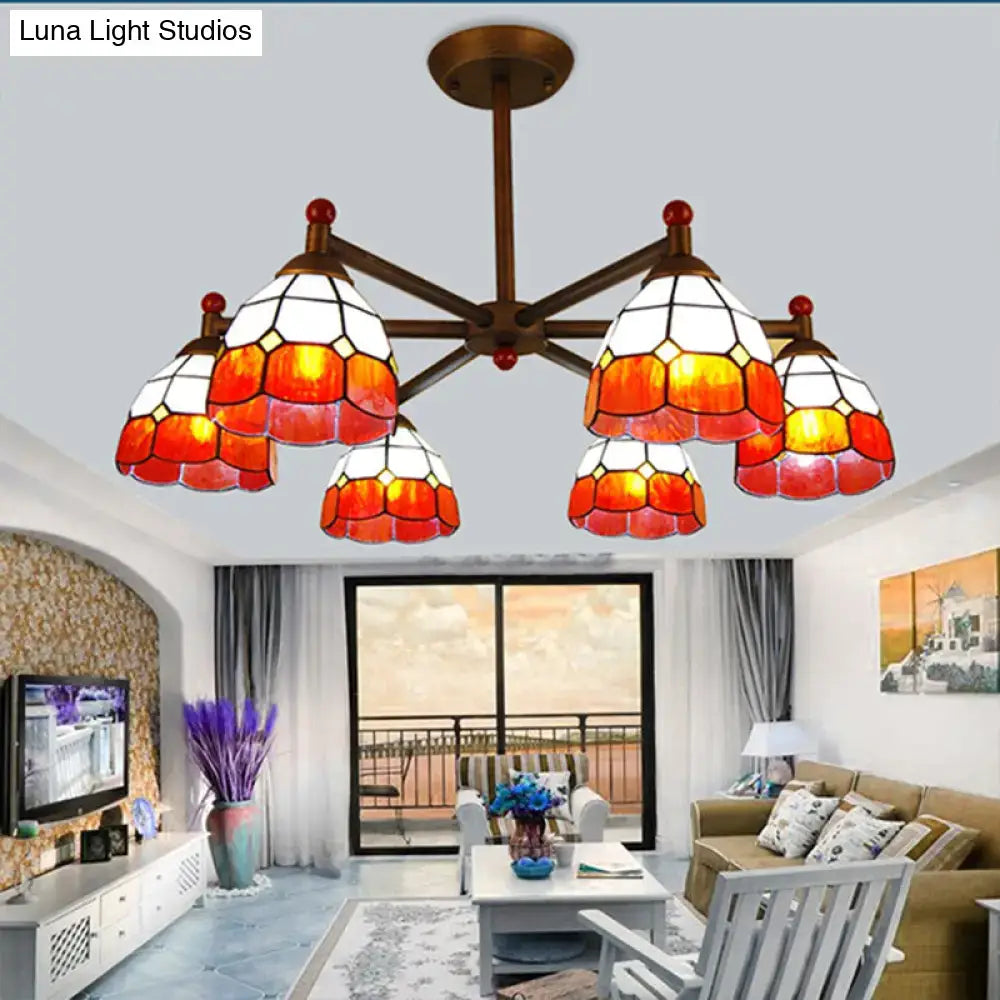 DecorBites™ Rustic Style Stained Glass Domed Hanging Chandelier - 6-Light Yellow/Red/Blue Pendant Light for Dining Room