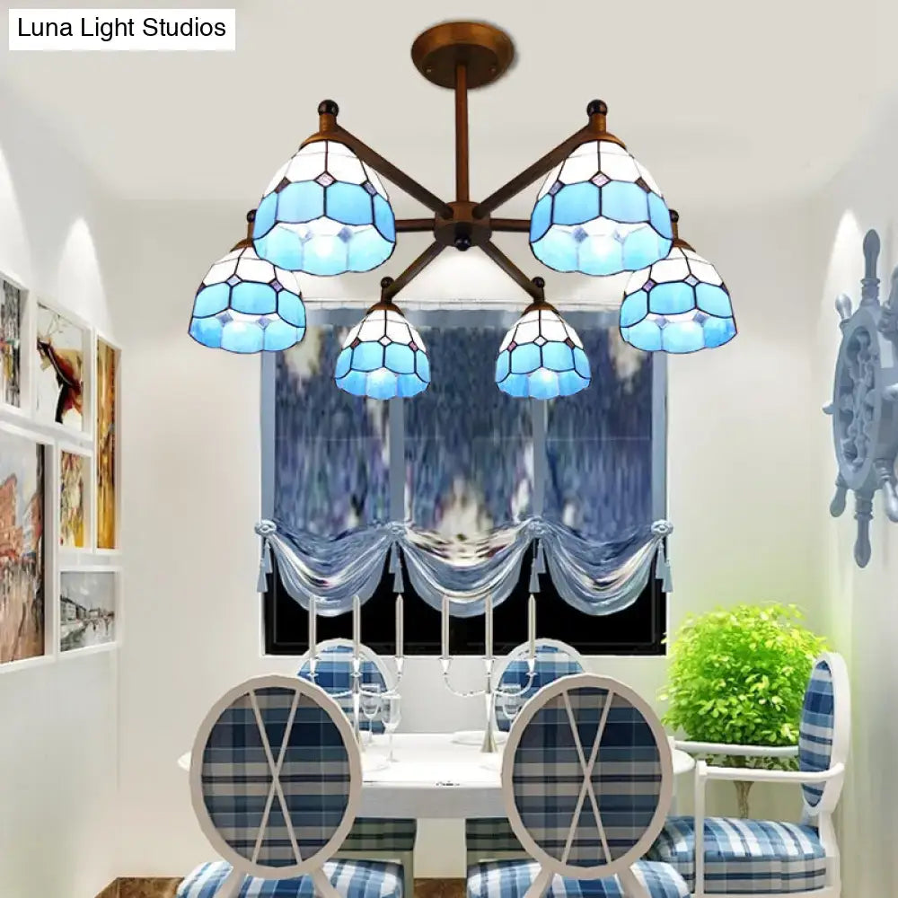 DecorBites™ Rustic Style Stained Glass Domed Hanging Chandelier - 6-Light Yellow/Red/Blue Pendant Light for Dining Room