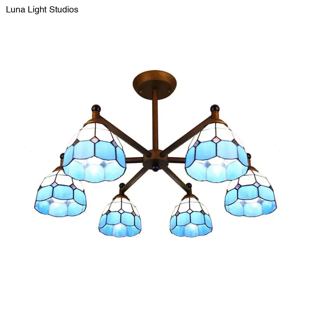 DecorBites™ Rustic Style Stained Glass Domed Hanging Chandelier - 6-Light Yellow/Red/Blue Pendant Light for Dining Room