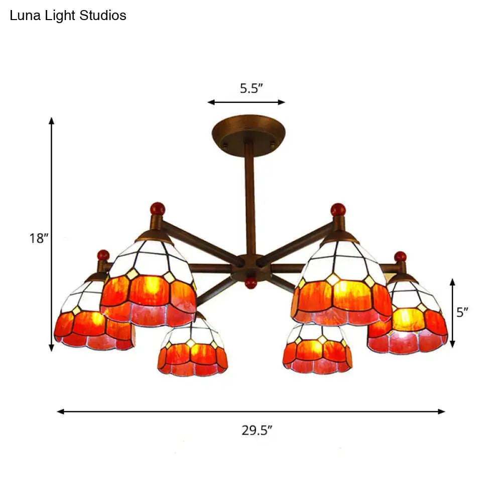 DecorBites™ Rustic Style Stained Glass Domed Hanging Chandelier - 6-Light Yellow/Red/Blue Pendant Light for Dining Room