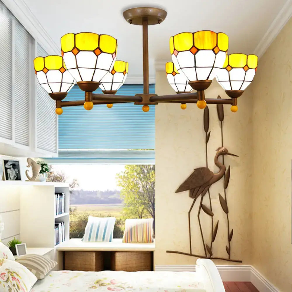 DecorBites™ Rustic Style Stained Glass Domed Hanging Chandelier - 6-Light Yellow/Red/Blue Pendant Light for Dining Room