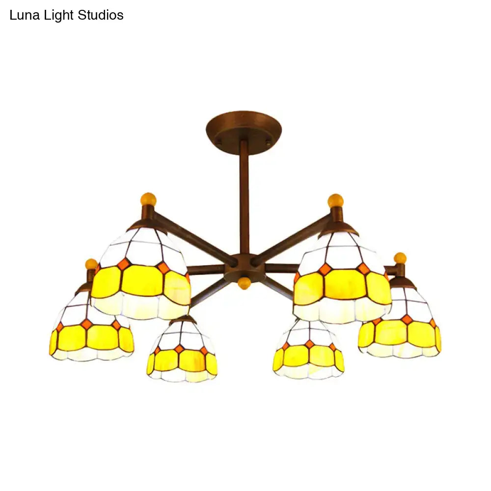 DecorBites™ Rustic Style Stained Glass Domed Hanging Chandelier - 6-Light Yellow/Red/Blue Pendant Light for Dining Room