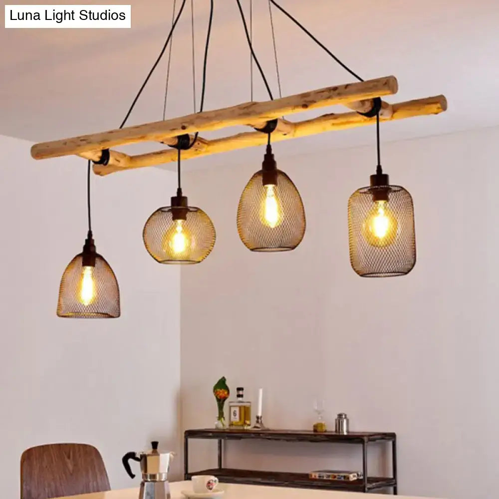 DecorBites™ Rustic Wood Iron Mesh Suspension Lighting - 4-Bulb Dining Room Island Light