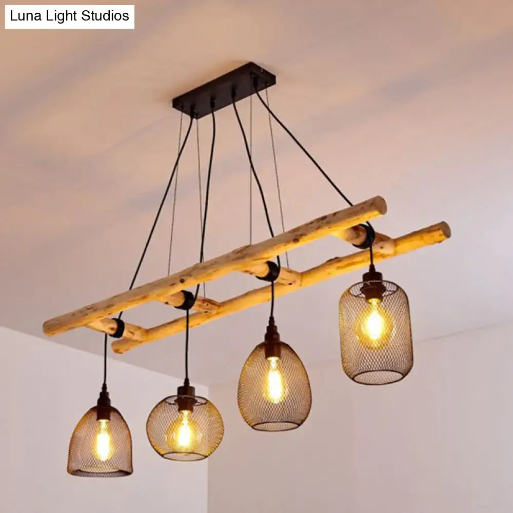 DecorBites™ Rustic Wood Iron Mesh Suspension Lighting - 4-Bulb Dining Room Island Light