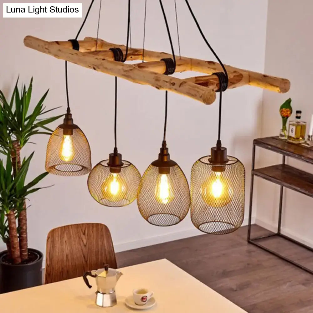 DecorBites™ Rustic Wood Iron Mesh Suspension Lighting - 4-Bulb Dining Room Island Light