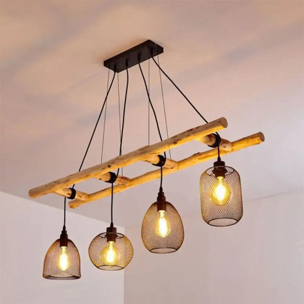 DecorBites™ Rustic Wood Iron Mesh Suspension Lighting - 4-Bulb Dining Room Island Light