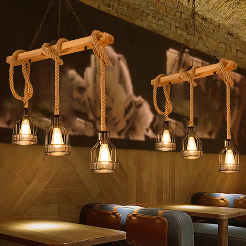 DecorBites™ Rustic Wood Pendant Lamp: Linear Restaurant Hanging Island Light with Brown Roped Cage (3/5-Light)