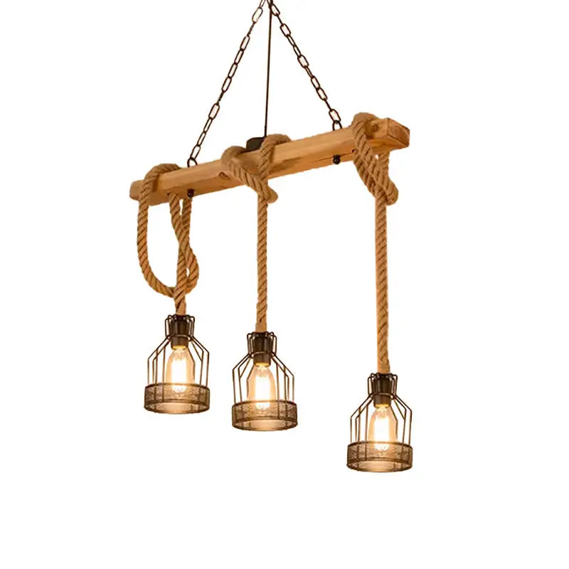 DecorBites™ Rustic Wood Pendant Lamp: Linear Restaurant Hanging Island Light with Brown Roped Cage (3/5-Light)