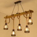 DecorBites™ Rustic Wood Pendant Lamp: Linear Restaurant Hanging Island Light with Brown Roped Cage (3/5-Light)