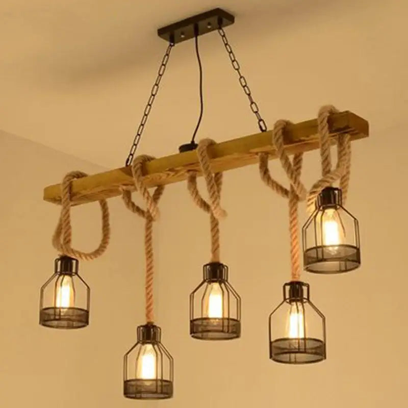 DecorBites™ Rustic Wood Pendant Lamp: Linear Restaurant Hanging Island Light with Brown Roped Cage (3/5-Light)