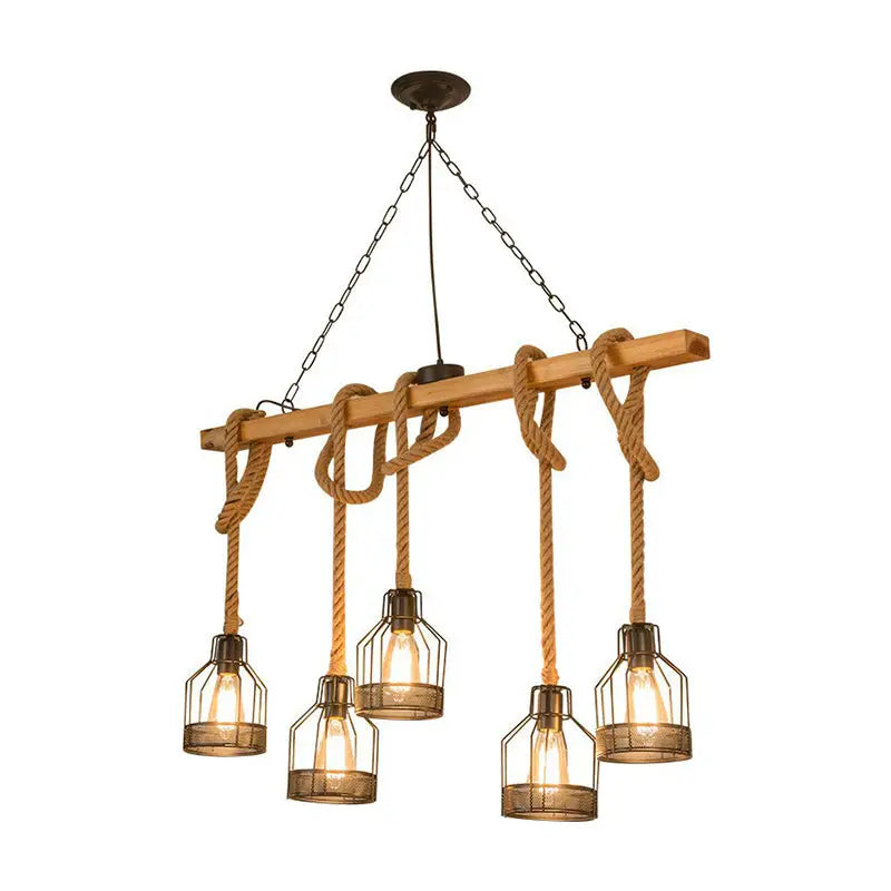 DecorBites™ Rustic Wood Pendant Lamp: Linear Restaurant Hanging Island Light with Brown Roped Cage (3/5-Light)