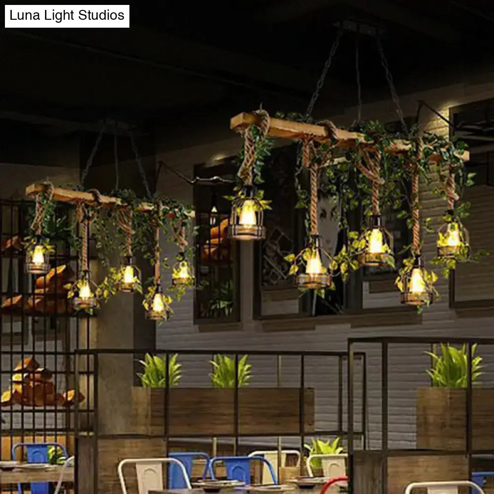 DecorBites™ Rustic Wooden Brown Island Light with 5 Heads, Cage Shade, and Green Art Ivy Pendant