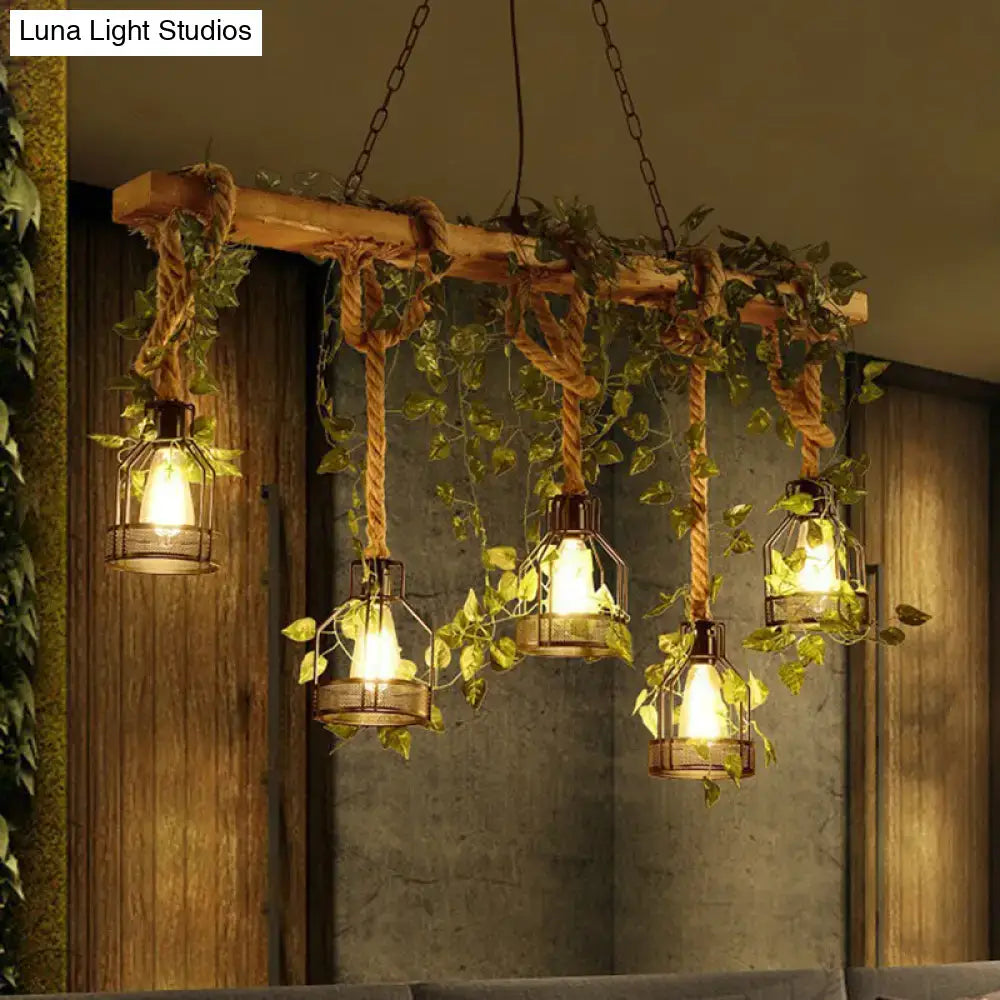 DecorBites™ Rustic Wooden Brown Island Light with 5 Heads, Cage Shade, and Green Art Ivy Pendant