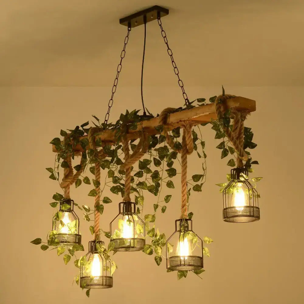 DecorBites™ Rustic Wooden Brown Island Light with 5 Heads, Cage Shade, and Green Art Ivy Pendant