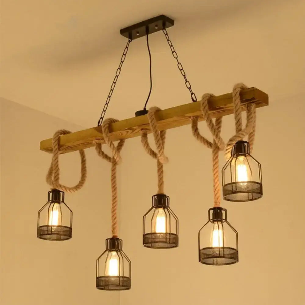 DecorBites™ Rustic Wooden Linear Island Lamp with Mesh Cage - Suspension Pendant Light for Restaurants