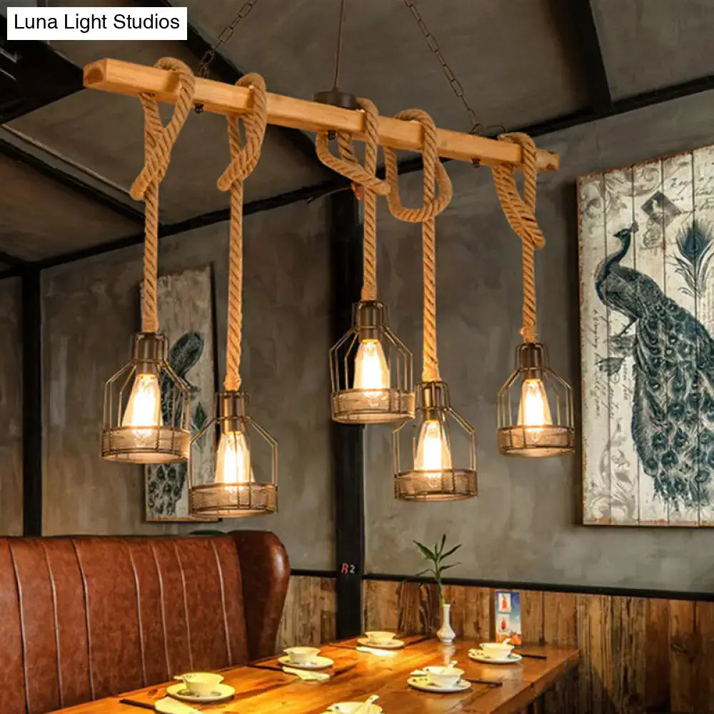 DecorBites™ Rustic Wooden Linear Island Lamp with Mesh Cage - Suspension Pendant Light for Restaurants