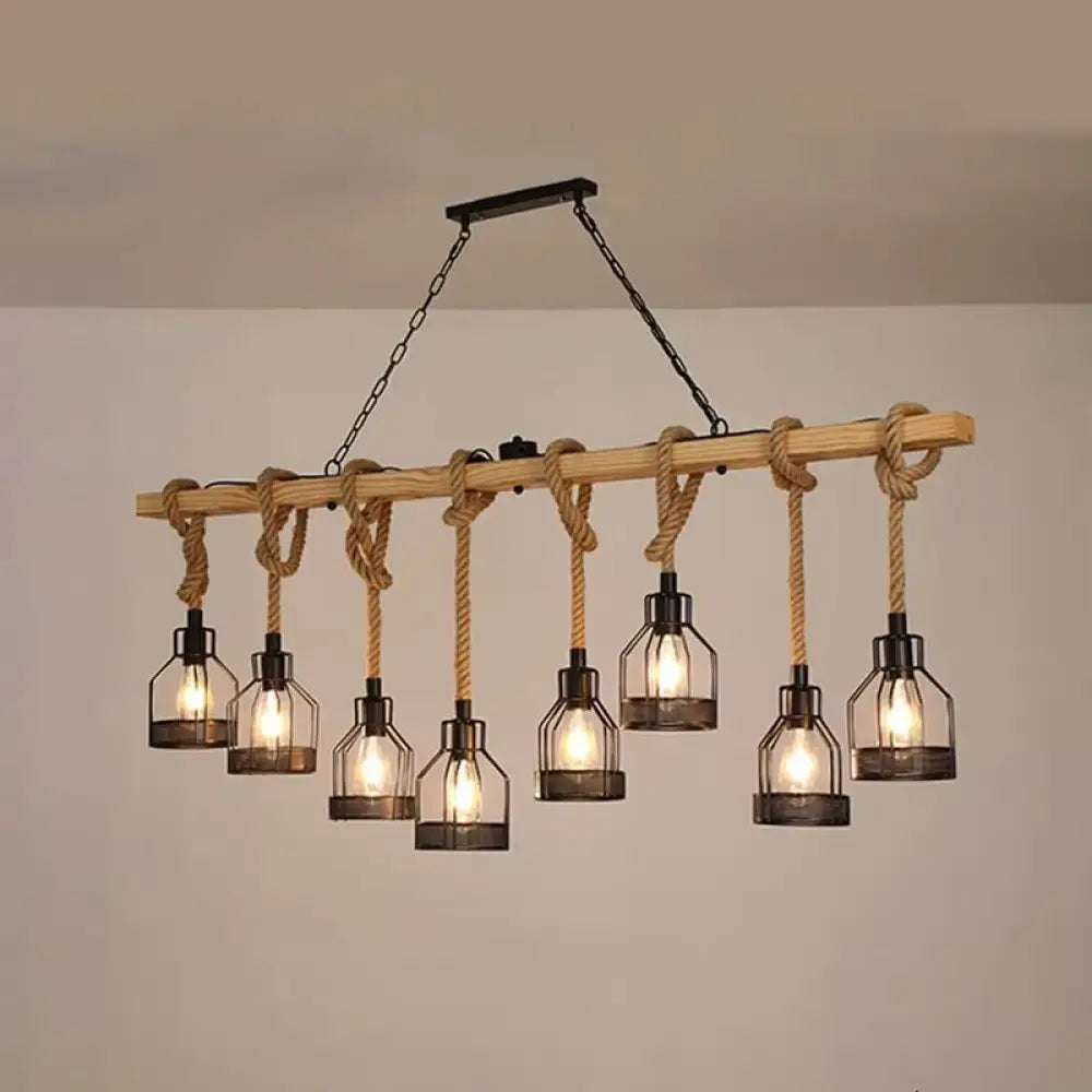DecorBites™ Rustic Wooden Linear Island Lamp with Mesh Cage - Suspension Pendant Light for Restaurants