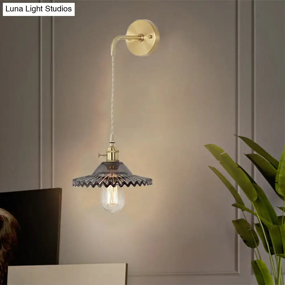 DecorBites™ Scalloped Smoked Glass Brass Sconce Light: Industrial 1-Light Wall Lamp for Bedroom