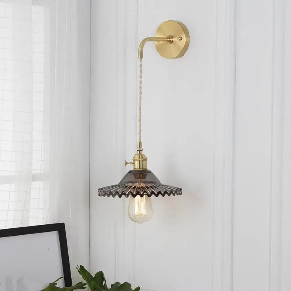 DecorBites™ Scalloped Smoked Glass Brass Sconce Light: Industrial 1-Light Wall Lamp for Bedroom
