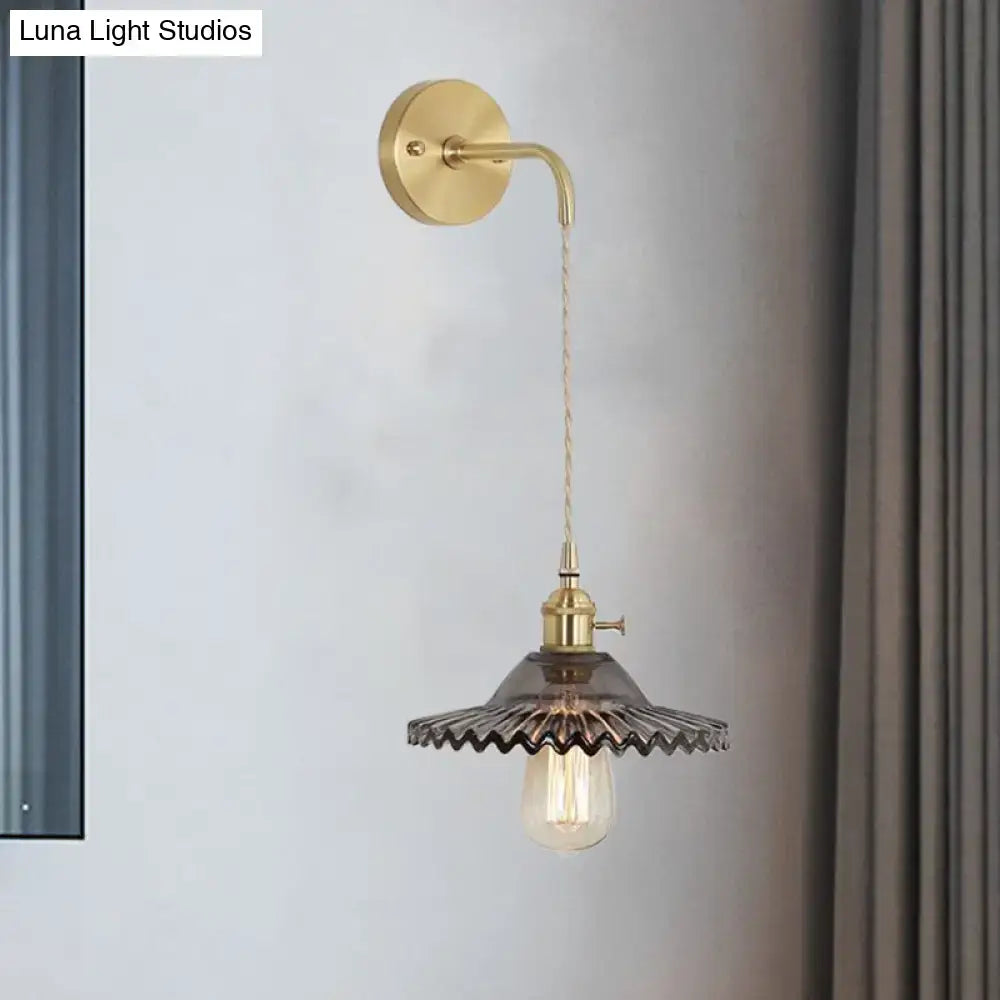 DecorBites™ Scalloped Smoked Glass Brass Sconce Light: Industrial 1-Light Wall Lamp for Bedroom