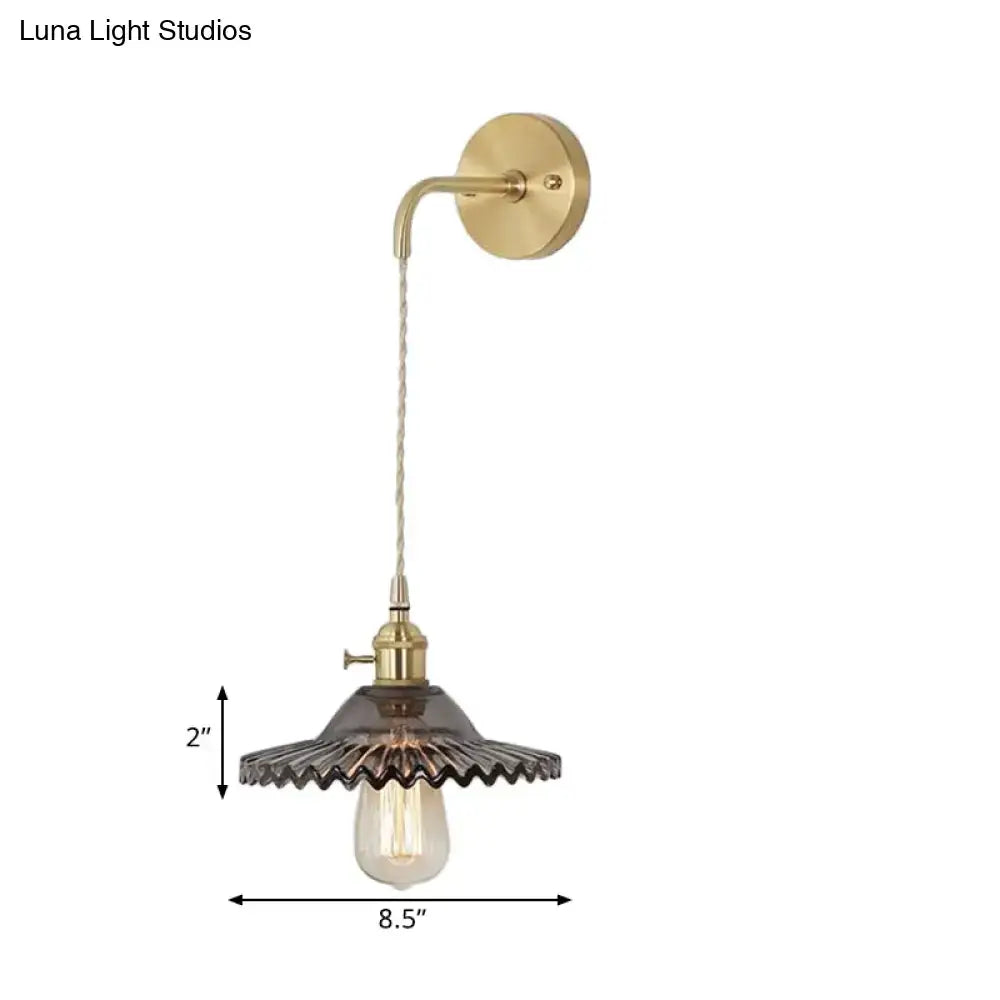 DecorBites™ Scalloped Smoked Glass Brass Sconce Light: Industrial 1-Light Wall Lamp for Bedroom