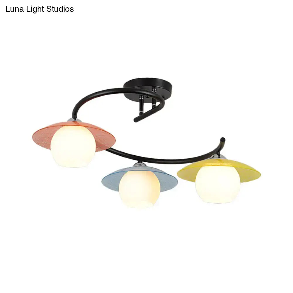DecorBites™ Semi Flush Mount Lamp with Modernist Red-Yellow-Blue Glass and Global Shade - Black Spiral Design, 3 Heads