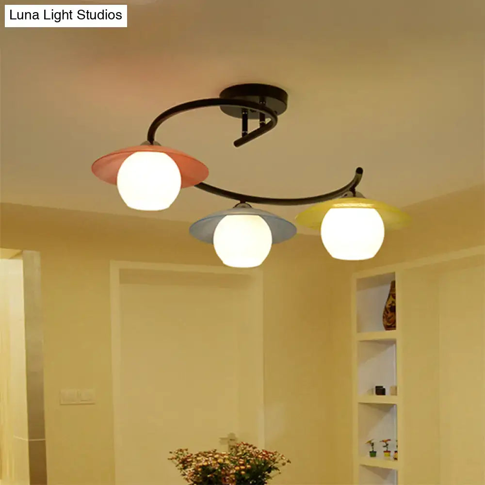 DecorBites™ Semi Flush Mount Lamp with Modernist Red-Yellow-Blue Glass and Global Shade - Black Spiral Design, 3 Heads