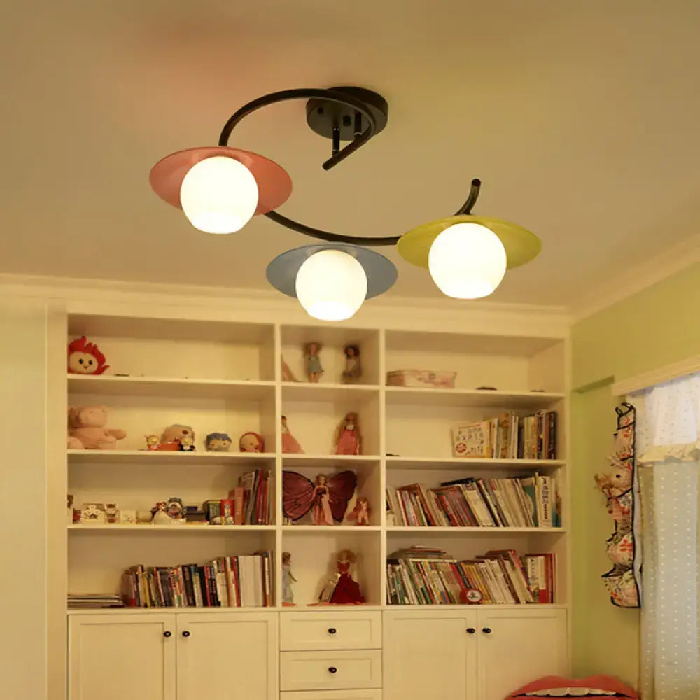 DecorBites™ Semi Flush Mount Lamp with Modernist Red-Yellow-Blue Glass and Global Shade - Black Spiral Design, 3 Heads