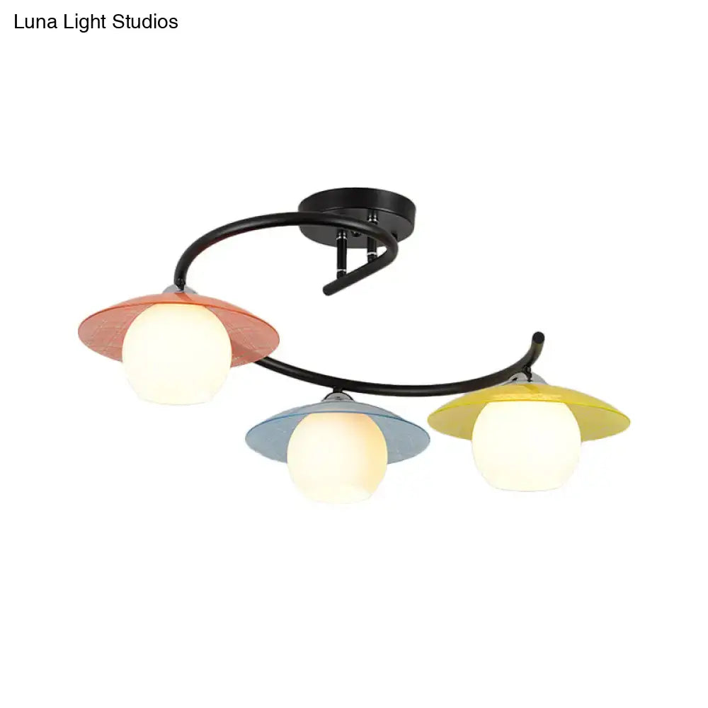 DecorBites™ Semi Flush Mount Lamp with Modernist Red-Yellow-Blue Glass and Global Shade - Black Spiral Design, 3 Heads