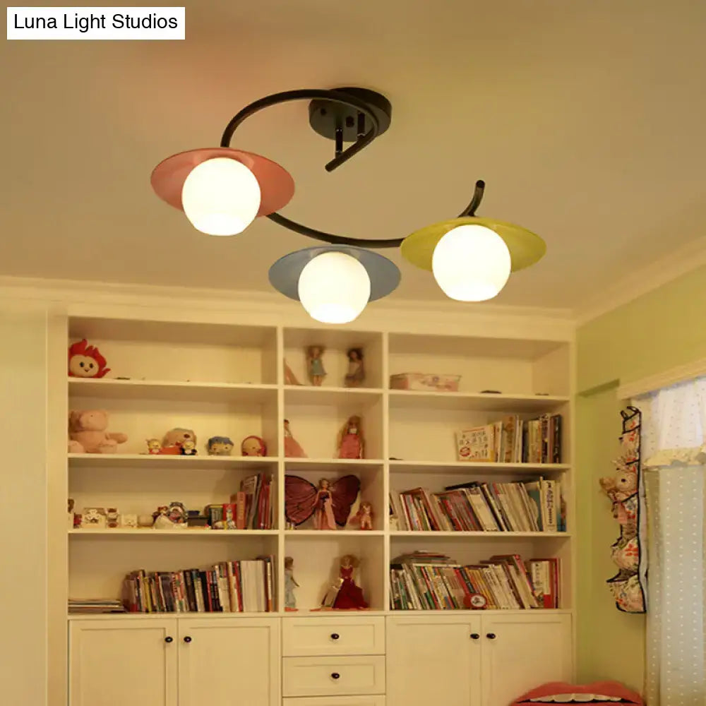 DecorBites™ Semi Flush Mount Lamp with Modernist Red-Yellow-Blue Glass and Global Shade - Black Spiral Design, 3 Heads