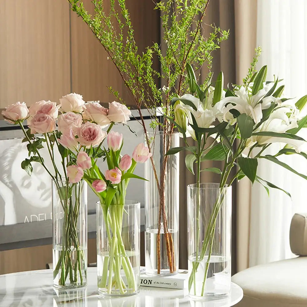DecorBites™ shatterproof tall transparent acrylic flower vase holding pink roses tulips and white lilies in clear cylinders